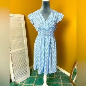 Blue Flutter Sleeve Striped Dress